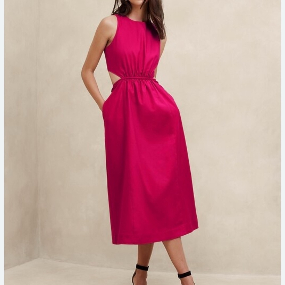 NWT Size 10 Banana Republic Linen Cotton Pink Midi Dress Cutout Back Pockets